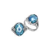 Handcrafted Sterling Silver Blue Topaz Quartz Ocean Glow Rope Elegance Ring With Balinese Detailing.